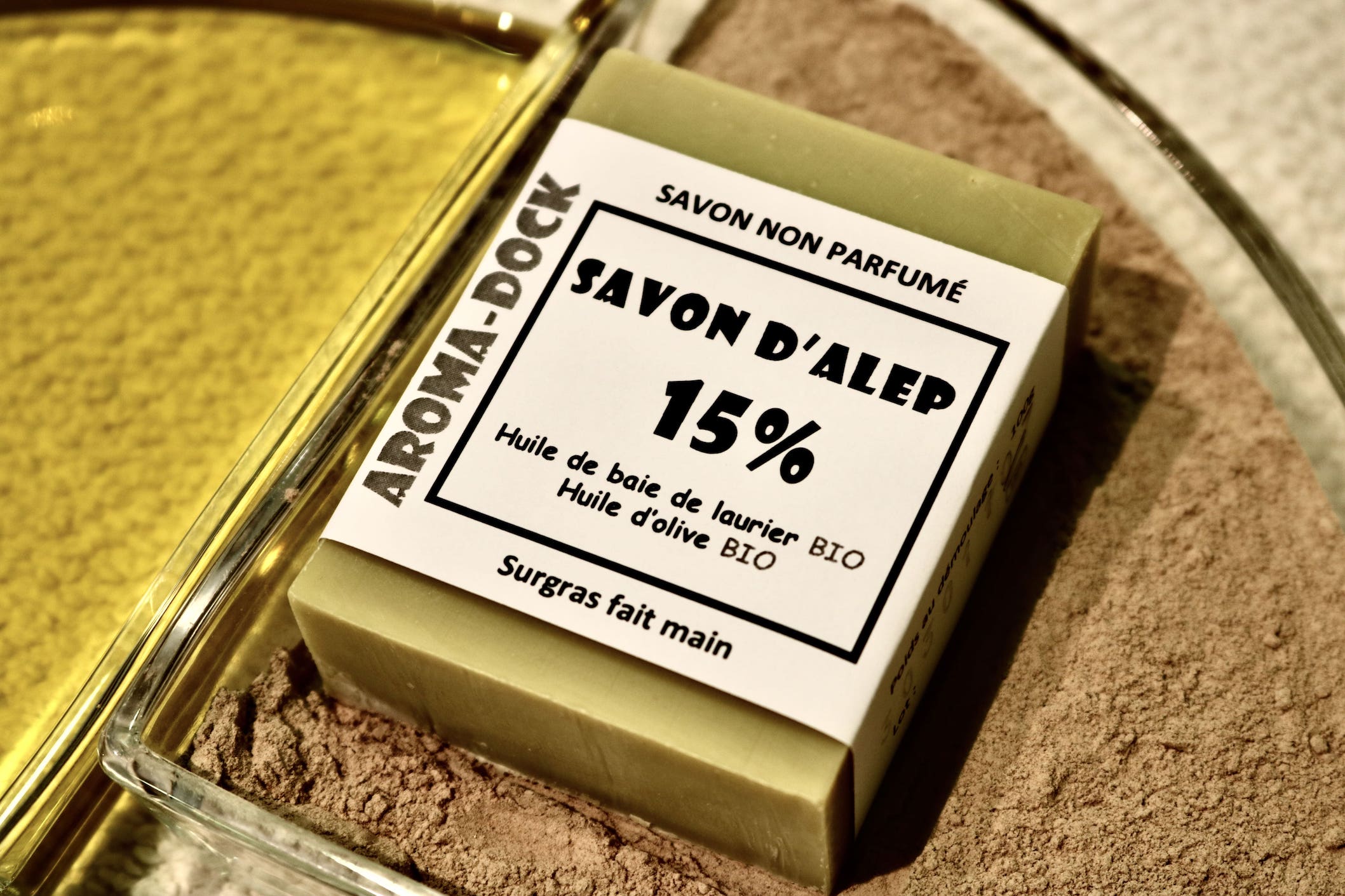 Savon d'Alep artisanal 15% laurier non parfumé 100g Aroma-Dock certifié Nature & Progrès